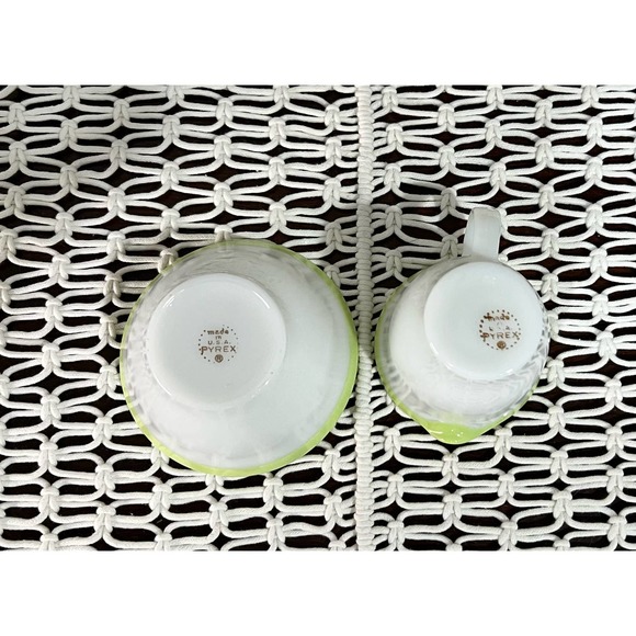 Pyrex Vintage Milk Glass White with Lime Green Rim Tea Set - Picture 6 of 9